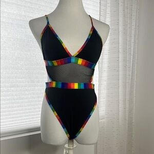 Pride Rainbow Trim Black One-Piece bodysuit lingerie M L